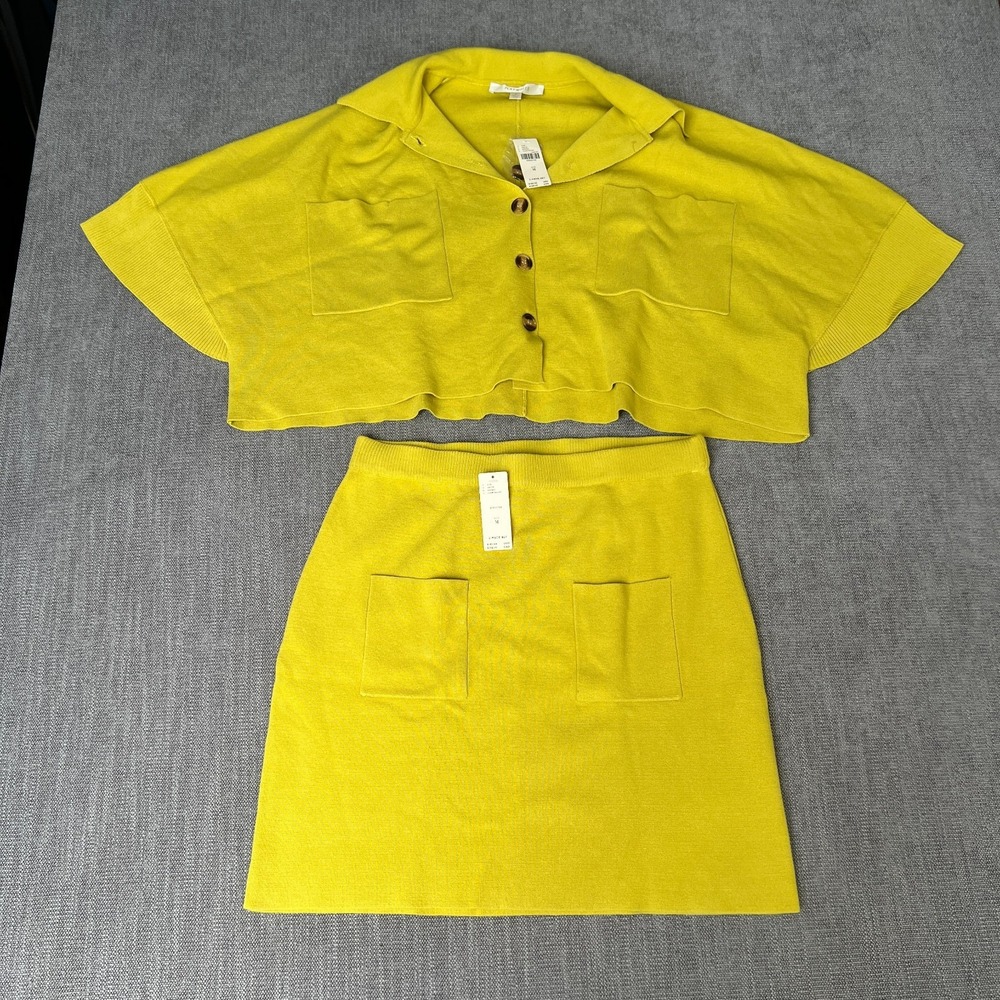 Anthropologie Flat White 2-Piece Knit Top & Skirt Set Womens Medium Chartreuse